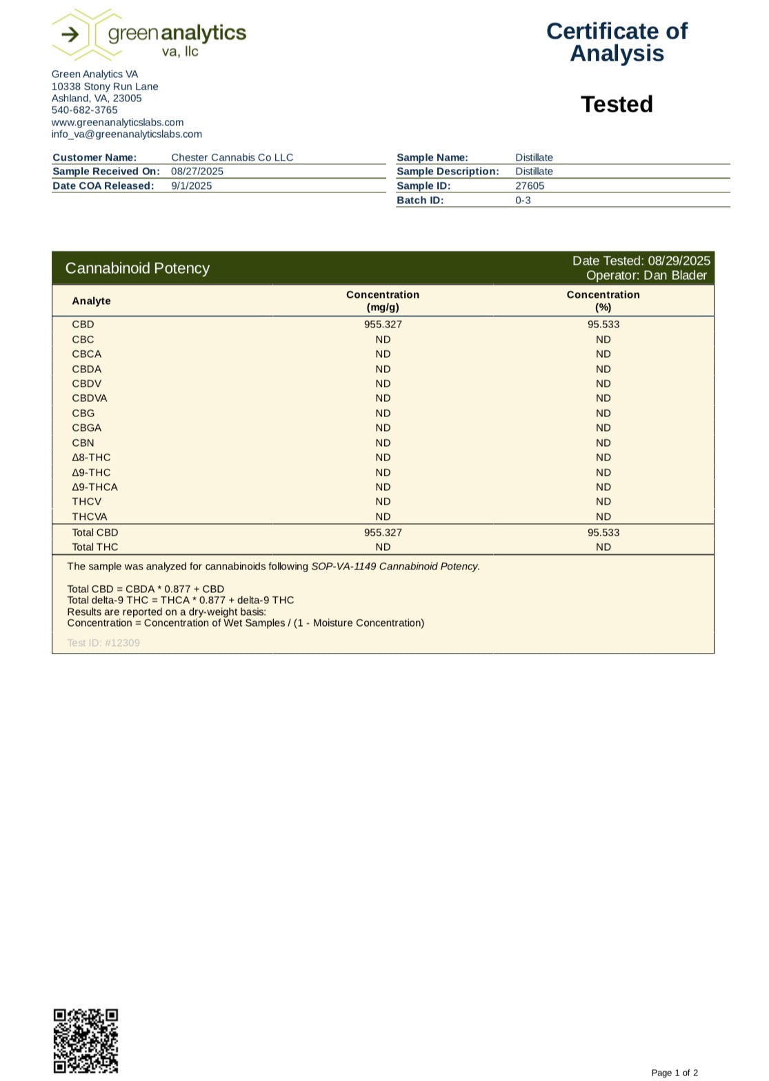 Certificate of Analysis for cannabis potency with a QR code on a white background
