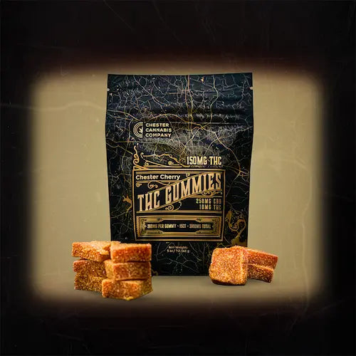 Chester Gummy package with gummies on a dark background