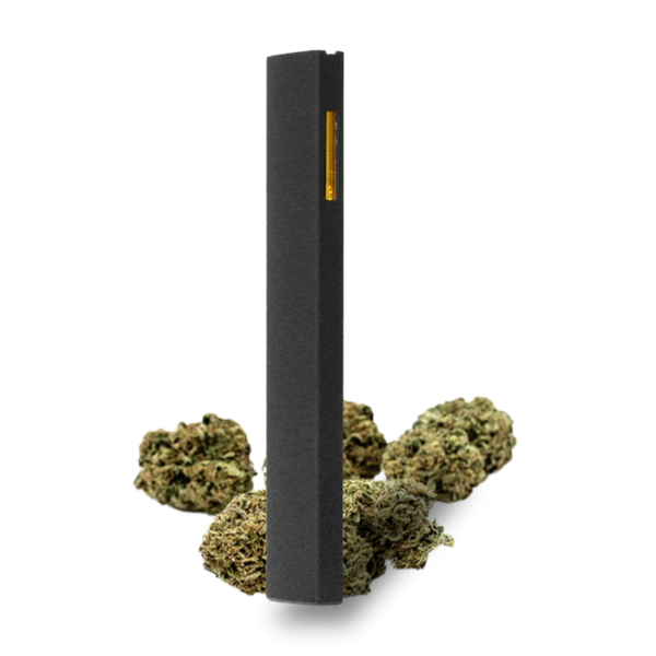 This image features a sleek, black Strawnana THC disposable vape pen, highlighted by a distinctive yellow band around its mid-section. The design is modern and uncluttered, emphasizing the product's portable and discreet nature.