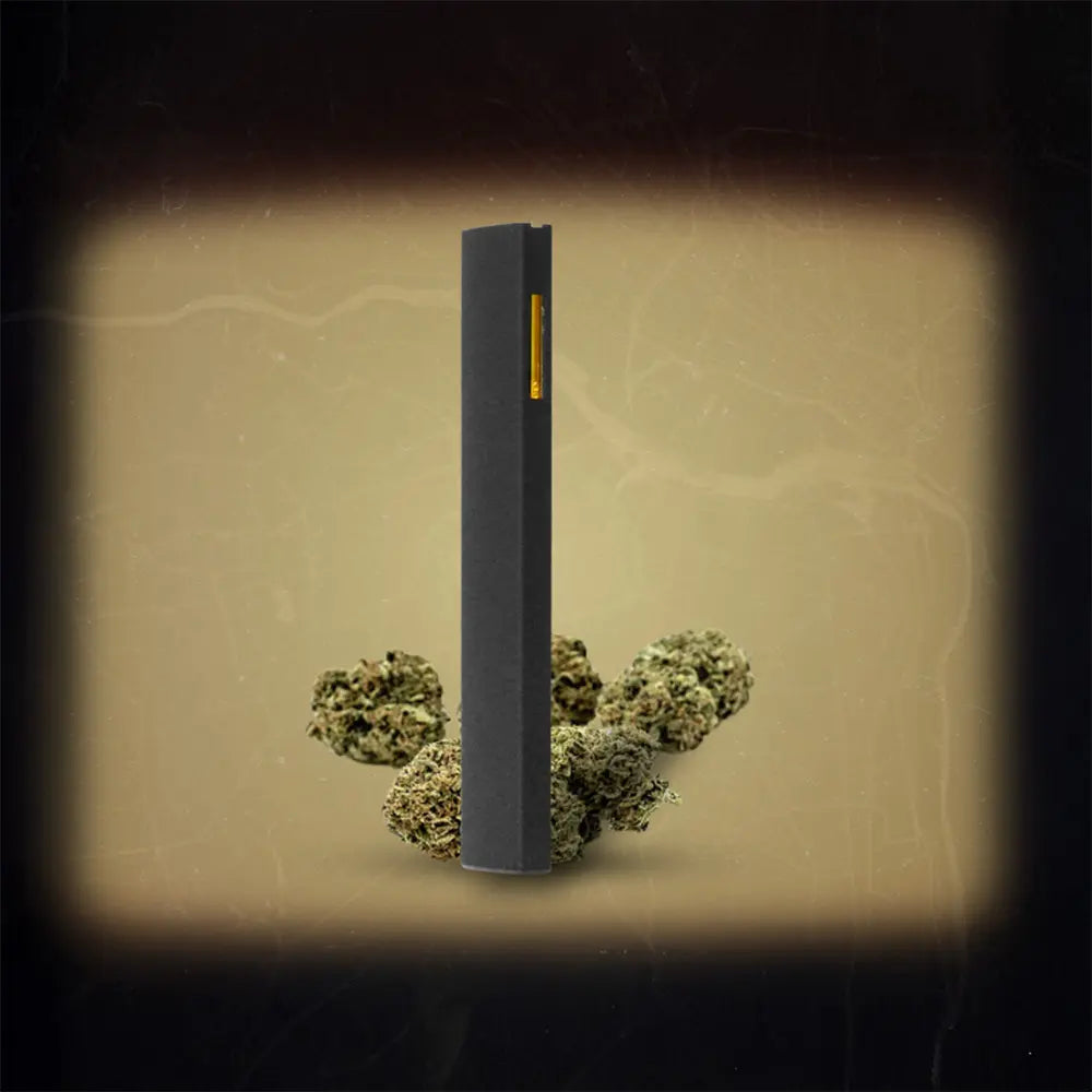 Black vape pen with cannabis buds on a textured beige background